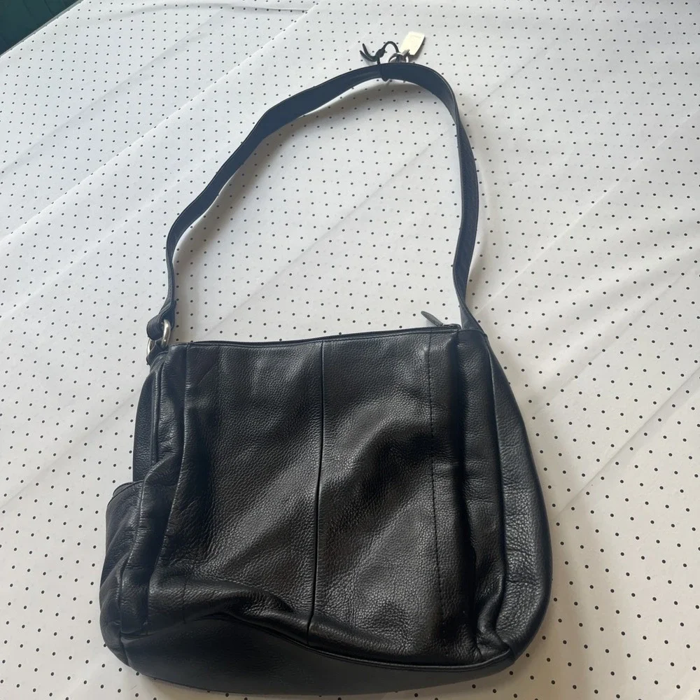 Rolfs Genuine Leather Black Shoulder Bag Purse Cowhide Hobo Organizer Zip Pocket